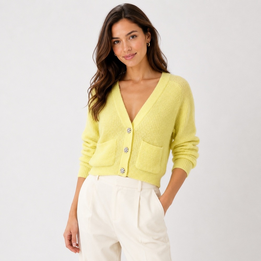 Ganni Soft Wool Knit Cardigan Yellow Chartreuse Crystal Button V-Neck Sweater XS
